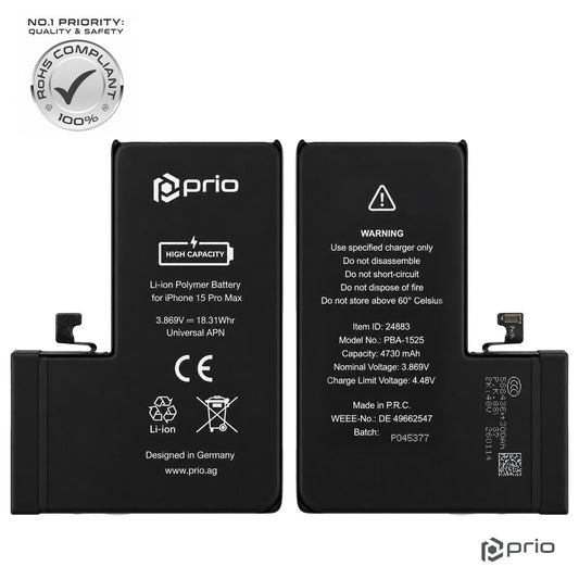Prio Hochleistungsakku für iPhone 15 Pro Max (4730 mAh) - Universeller APN -