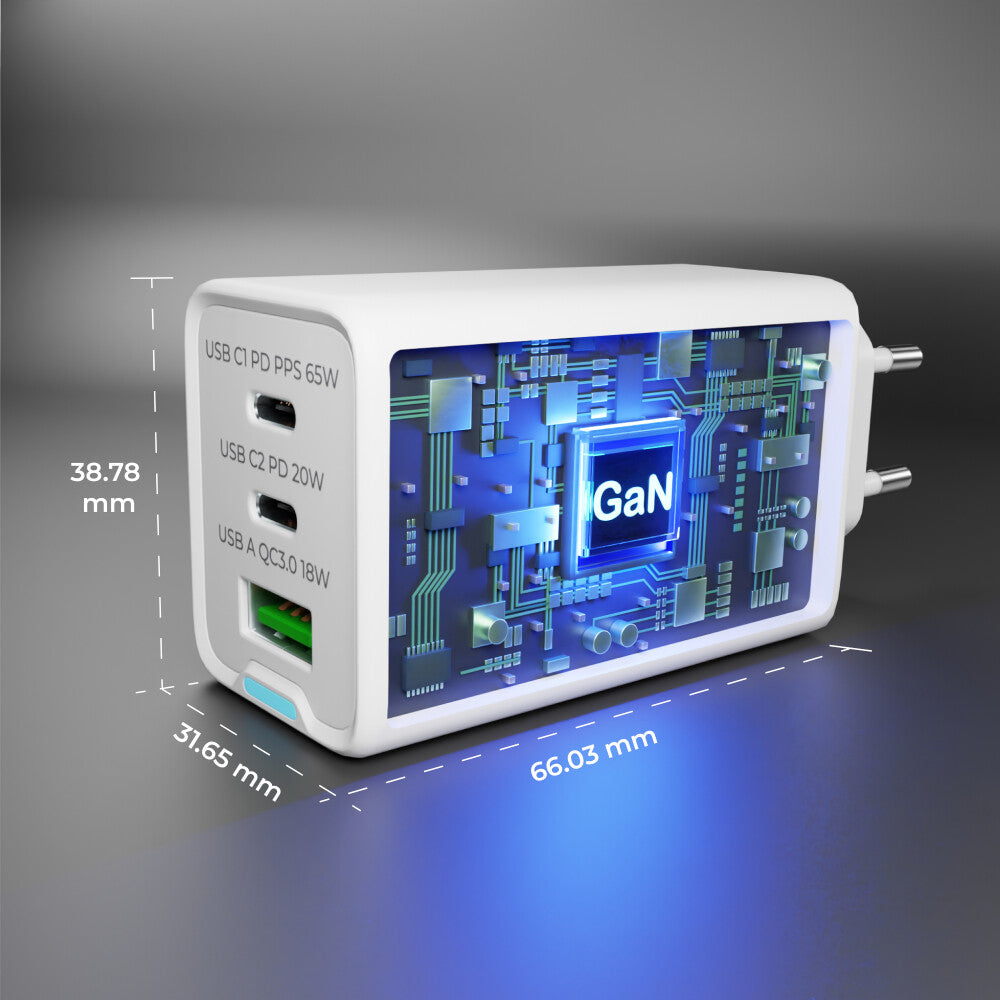 prio Wandladegerät GaN Power 65W PD PPS (USB C) + QC 3.0 (USB A) weiß