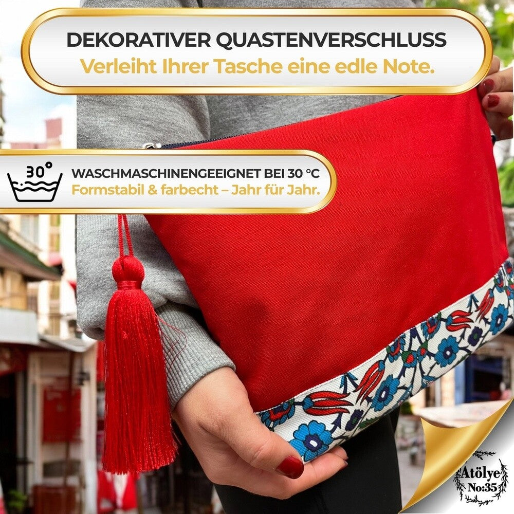 Kulturtasche Damen, Kosmetiktasche Rot, Ethnisches Muster, 32x24 cm
