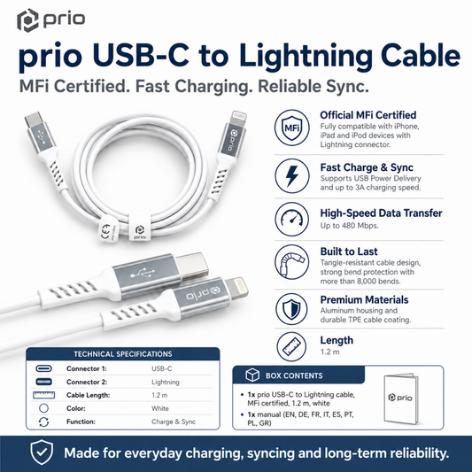 Prio Lade- Charge & Sync USB C auf Lightning Mfi -zertifiziert 1,2 m weiß