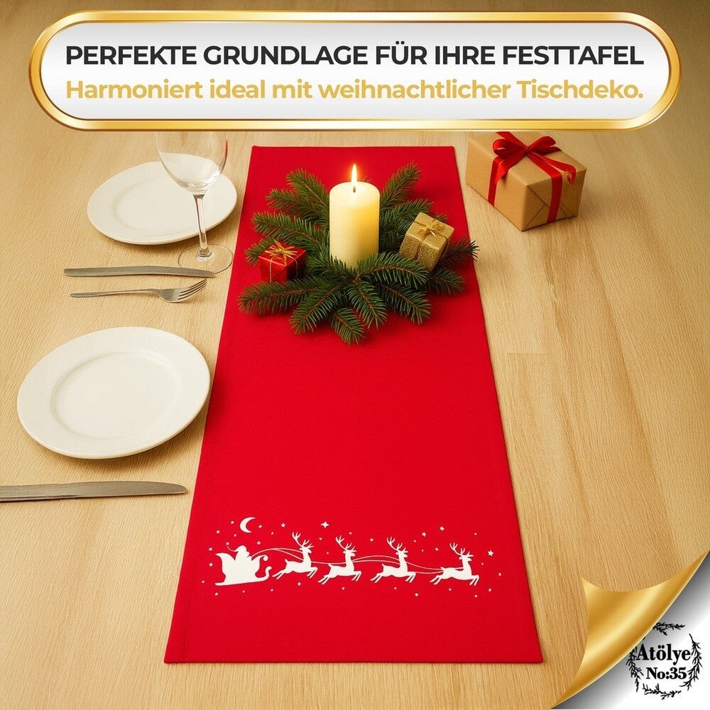 Weihnachtlicher Tischläufer Rot mit Santa&Rentier Golddruck 40x140 Weihnachtsdeko