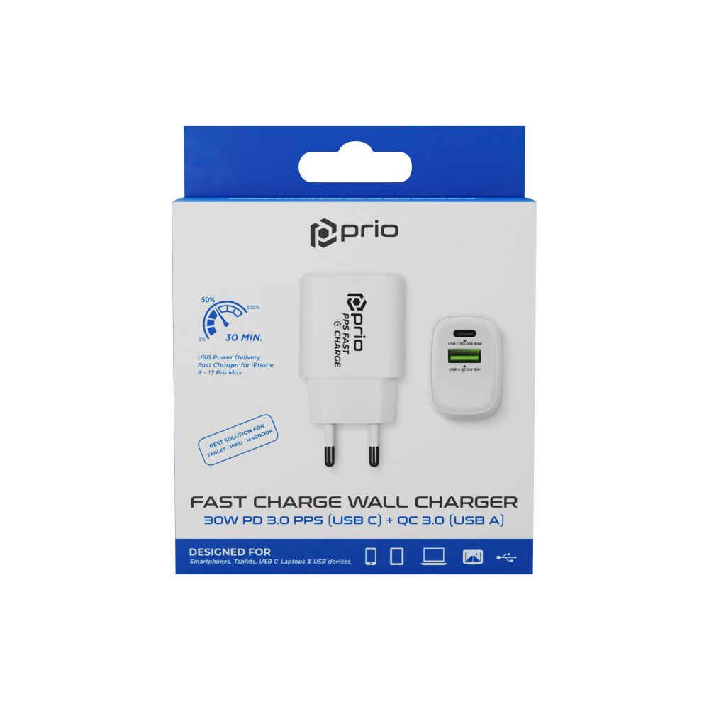 prio Schnellladegerät 30W PD (USB C) + QC 3.0 (USB A) weiß