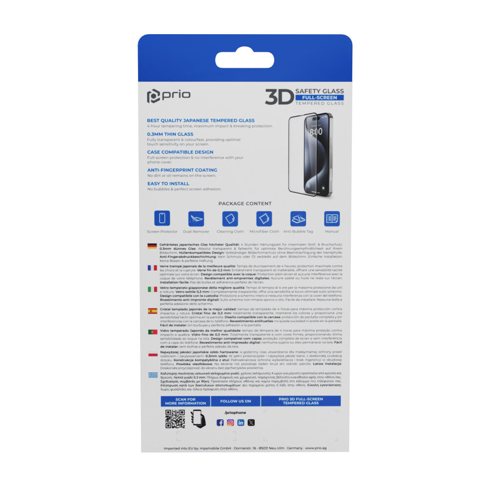 prio 3D Tempered Glass Displayschutzfolie für iPhone 17/16 Pro schwarz