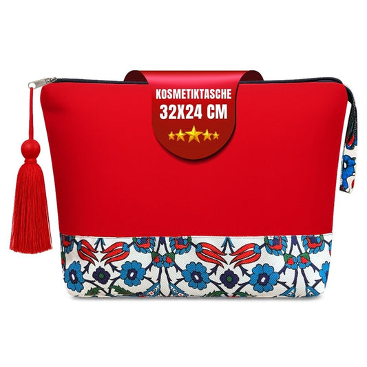 Kulturtasche Damen, Kosmetiktasche Rot, Ethnisches Muster, 32x24 cm