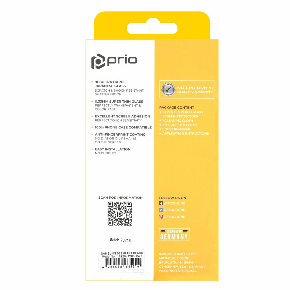 prio 10x 3D screen protector glass for Samsung S22 Ultra black