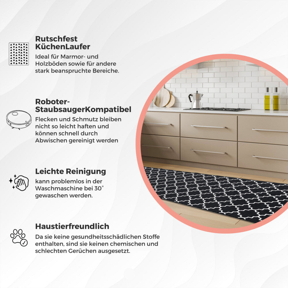 miqna Läufer Teppich,Waschbar Küchenläufer, Rutschfest Flur Teppich schwarz weiß Hauptbild