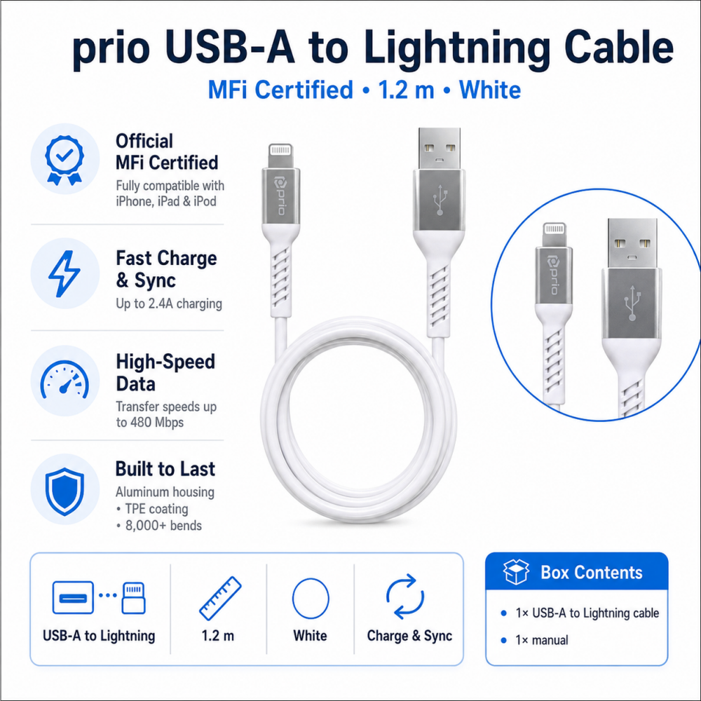 prio Charge & Sync USB A to Lightning Cable MFi certified 1.2m white