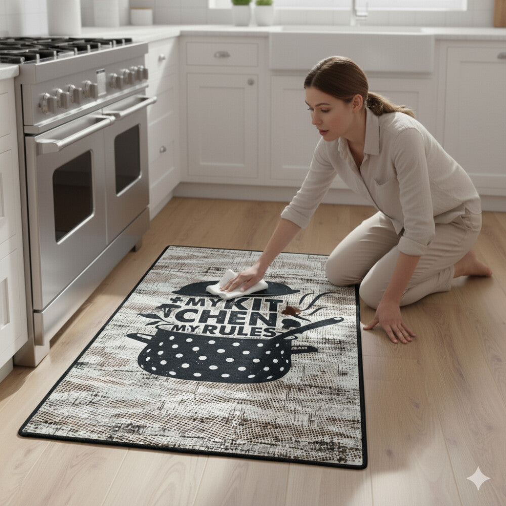 miqna Küchenteppich Grau Weiß Schwarz, rutschfest – Design My Kitchen Rules Hauptbild