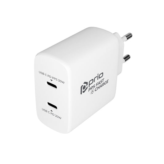 prio 50W fast charger 30W PD PPS (USB C) + 20W PD (USB C) white