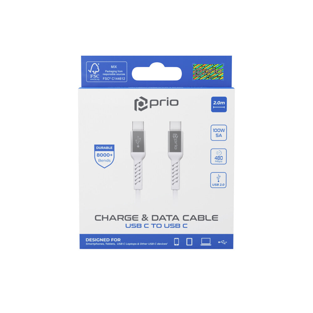 prio charging and data cable USB C to USB C 2.0 m white