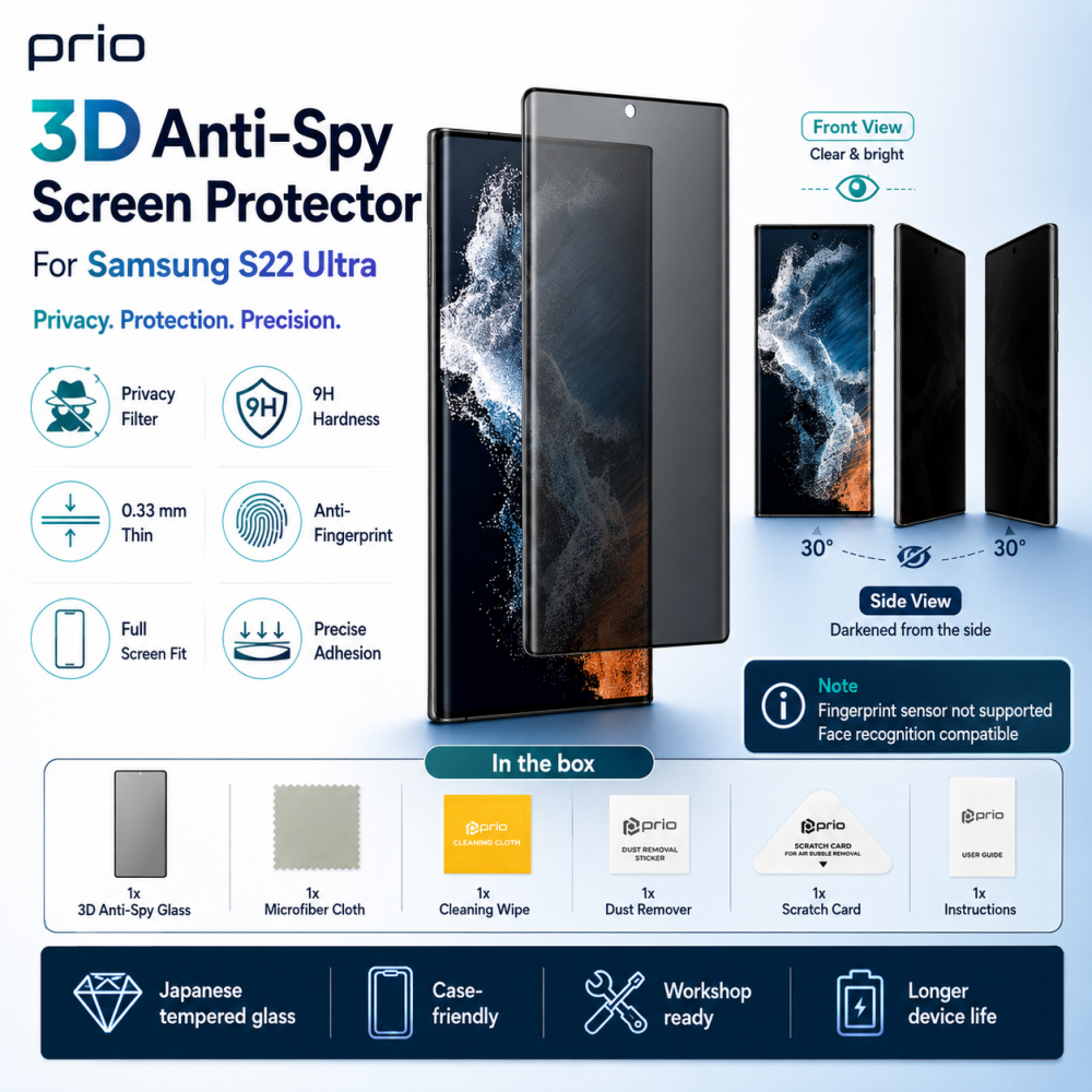 prio 3D Anti-Spy Displayschutzglas für Samsung S22 Ultra schwarz