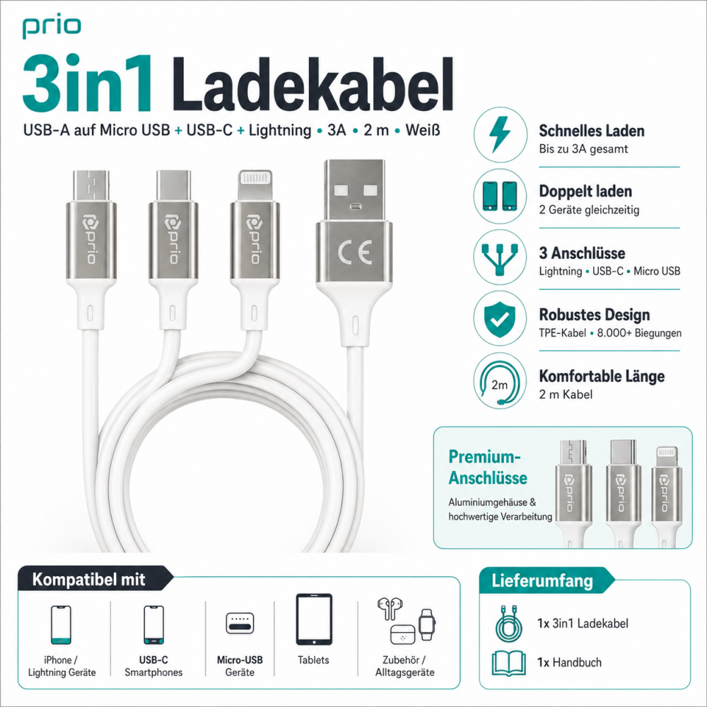 prio 3in1 Micro USB & USB C & Lightning zu USB A Kabel 3A 2m weiß