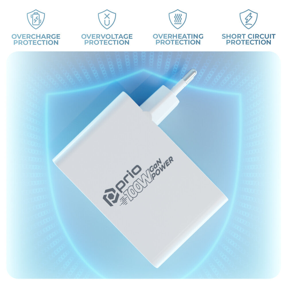 prio Wandladegerät GaN Power 100W PD PPS (USB-C) + QC 3.0 (USB-A) weiß Hauptbild