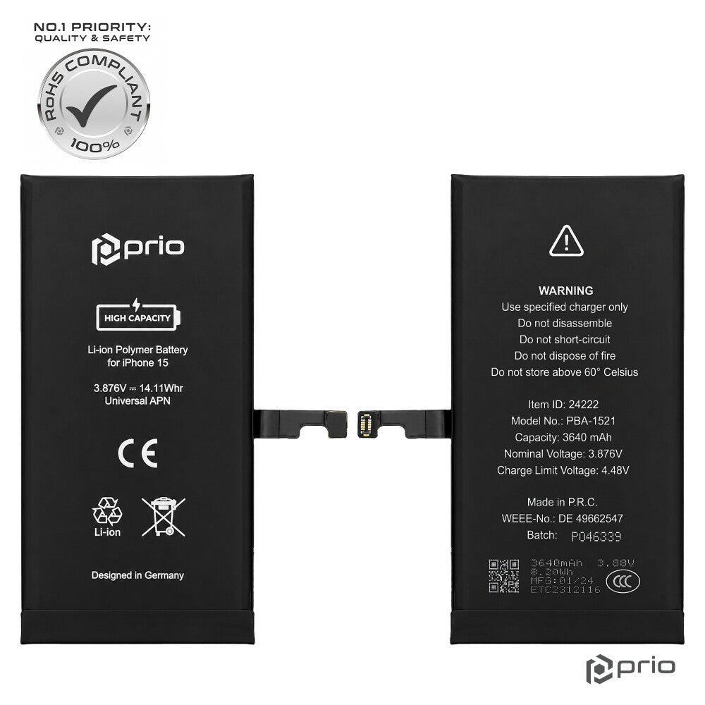 Prio Hochleistungsakku für iPhone 15 (3640 mAh) - Universeller APN -