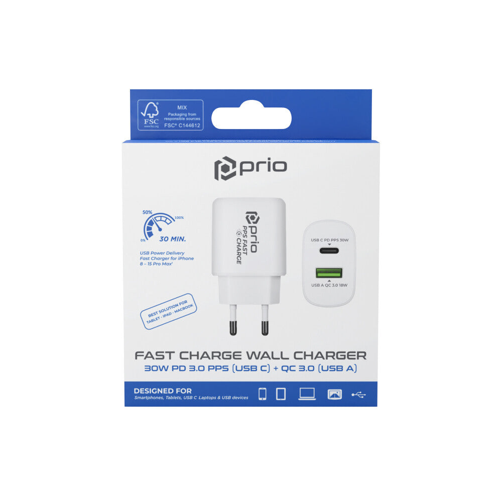 Prio Fast Charge Wandladegerät 30 W PD PPS (USB C) + QC 3.0 (USB A) weiß