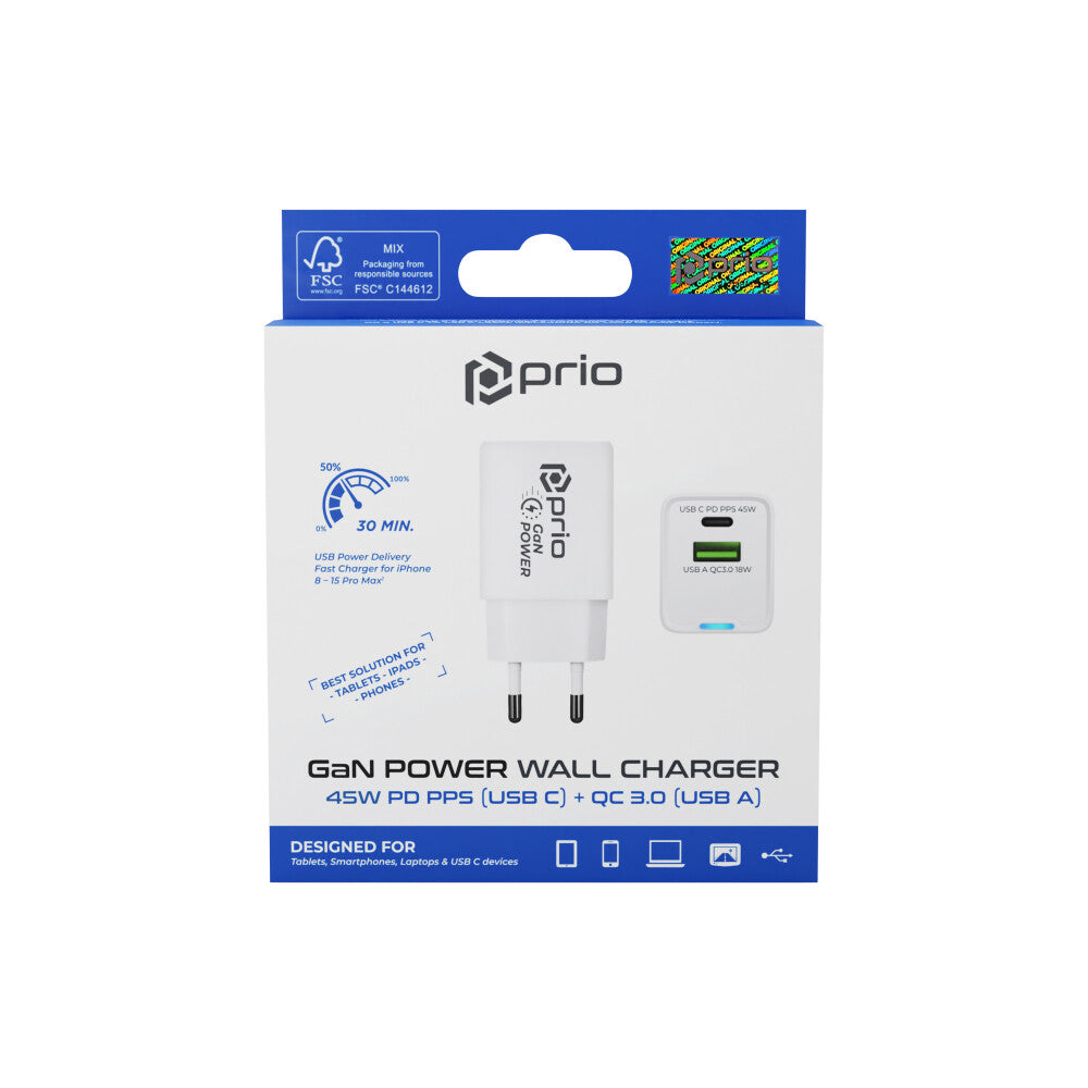 prio wall charger GaN Power 45W PD PPS (USB C) + QC 3.0 (USB A) white