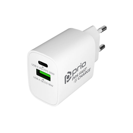 Prio Fast Charger 20W PD (USB C) + QC 3.0 (USB A) white