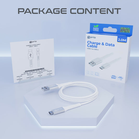 prio Lade- und Datenkabel USB C auf USB A 2,0 m weiß