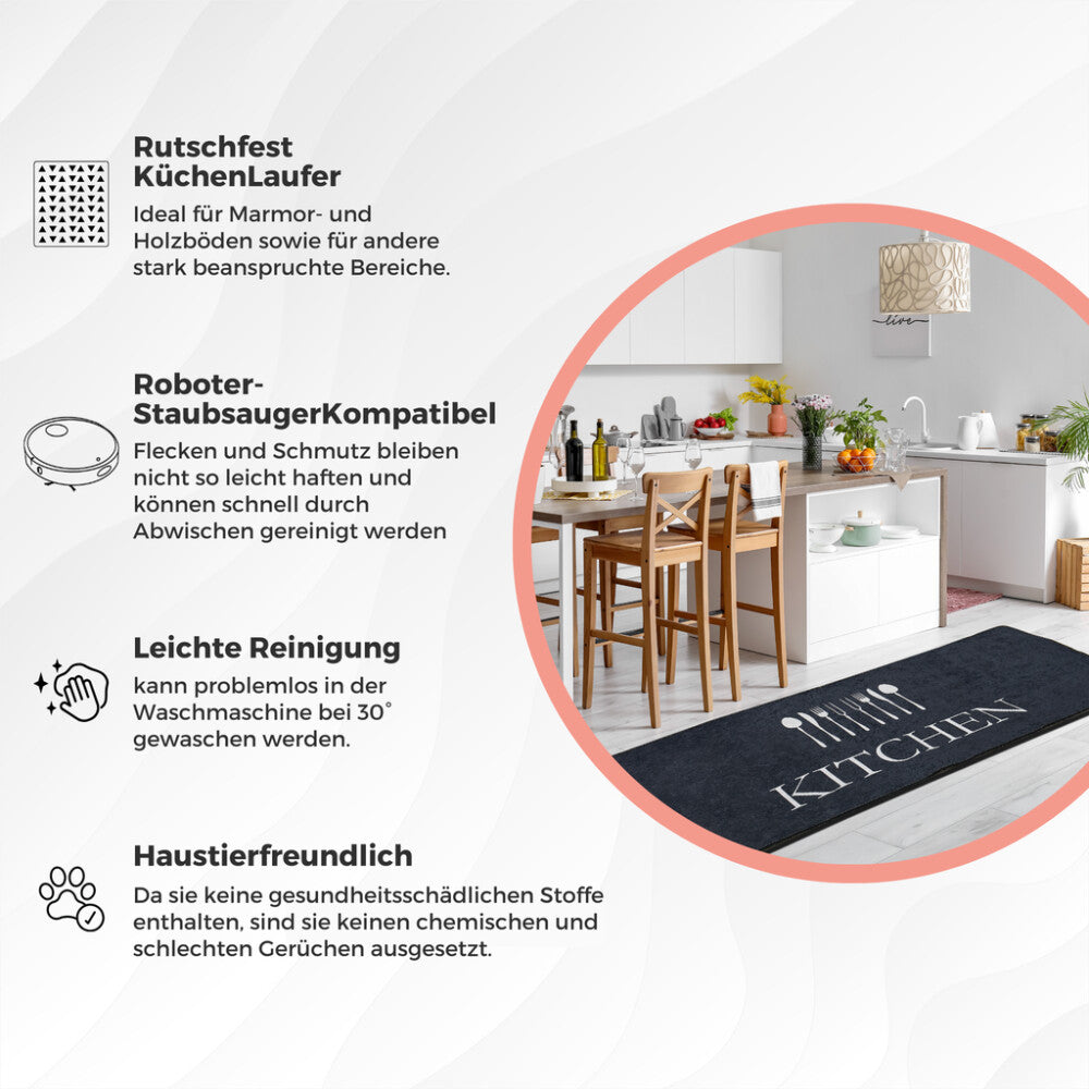 miqna Küchenteppich, rutschfeste Küchenläufer, Waschbarer Küchenteppich, Schwarz