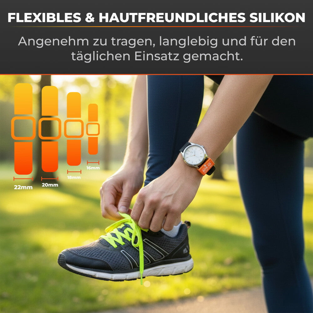 SOS-ID-Armbandschlaufe. Innovativ und angenehm zu tragen. Orange