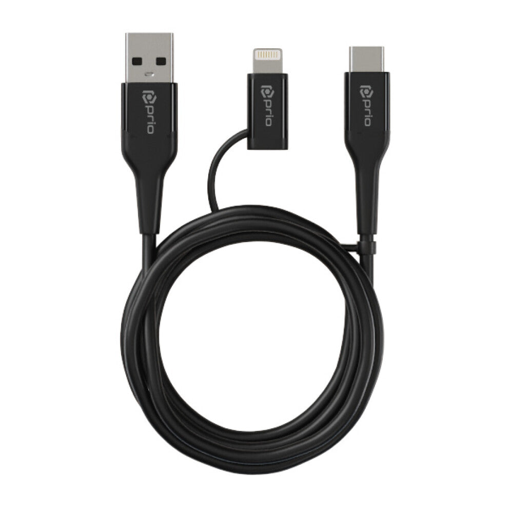 prio 2 in 1 Lade- und Synchronisierungskabel von USB C und Lightning auf USB A, 3 A, 1,2 m, schwarz