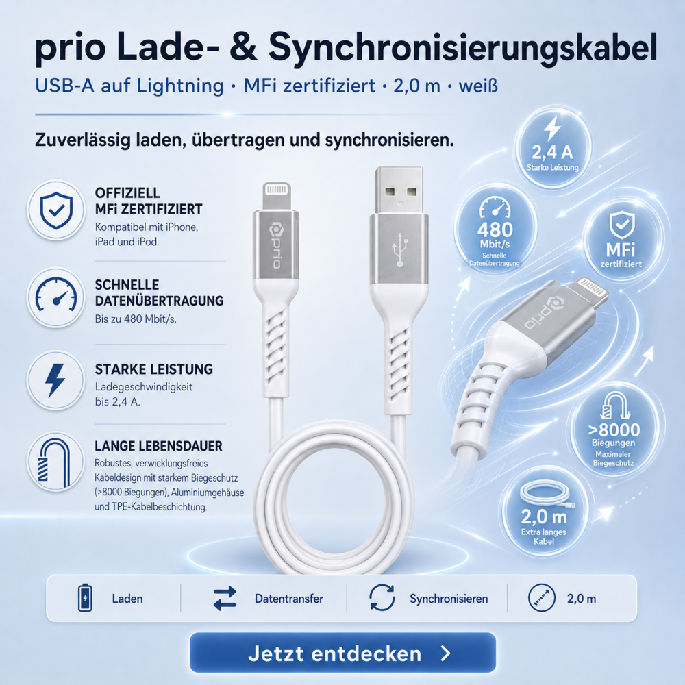 prio Lade- und Synchronisierungskabel USB A auf Lightning Mfi zertifiziert 2m weiß