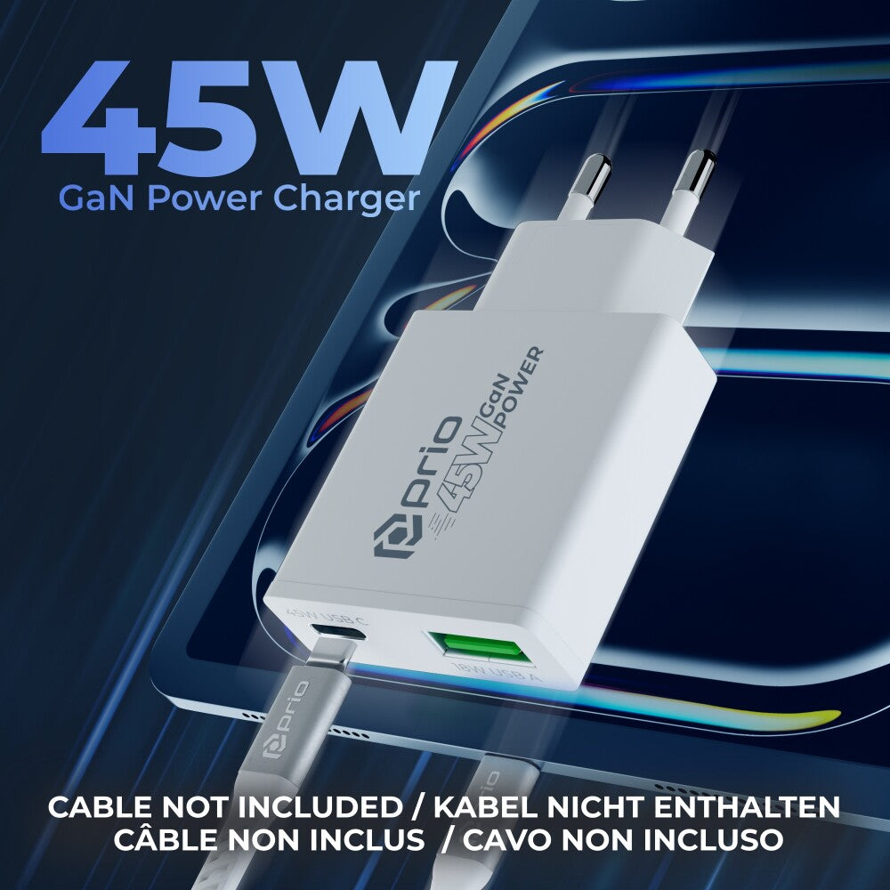 prio 45W GaN Power Charger PD PPS (USB C) + QC 3.0 (USB A) weiß