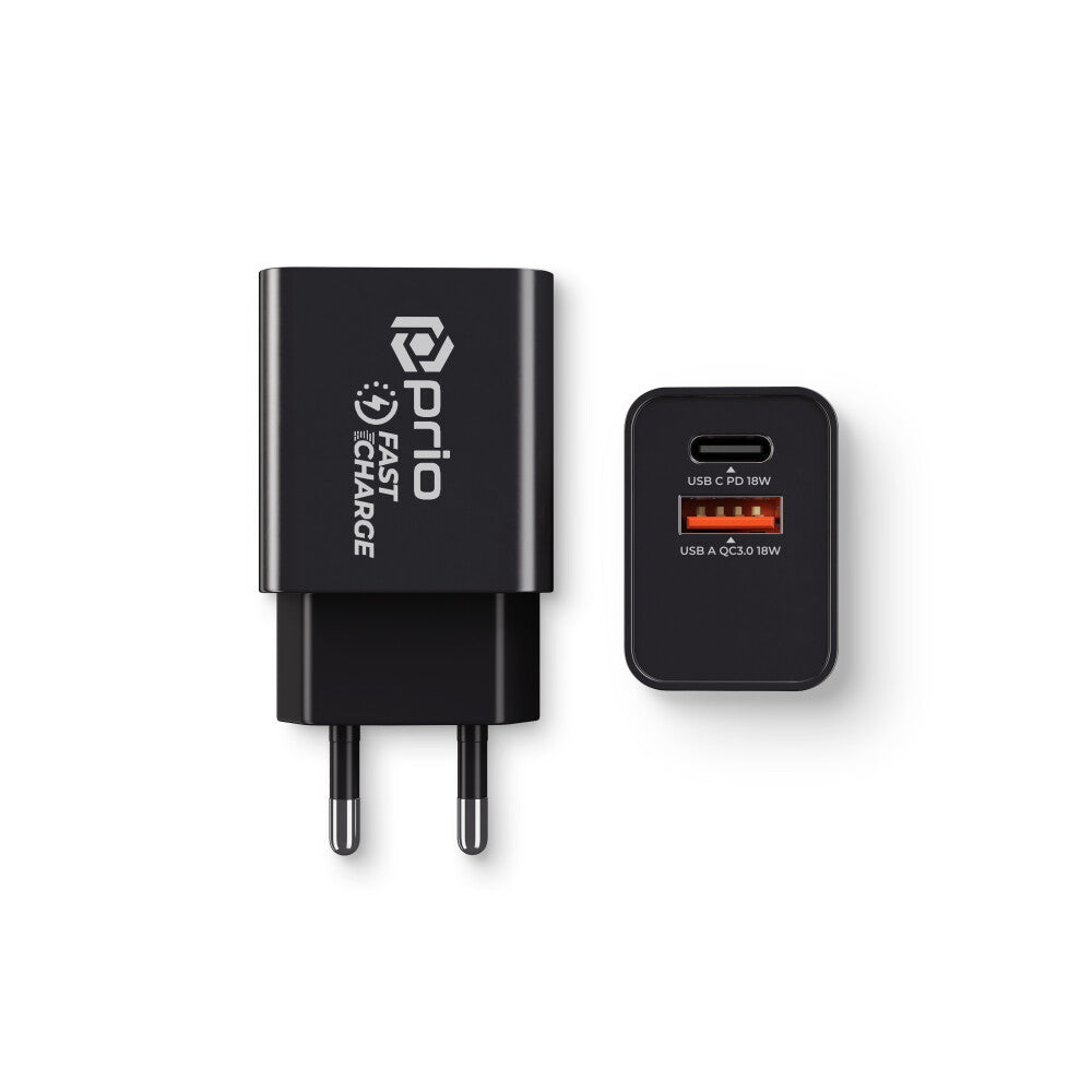 END OF LIFE - prio Fast Charge Wall Charger 18W PD(USB C)+QC 3.0(USB A) black - END OF LIFE