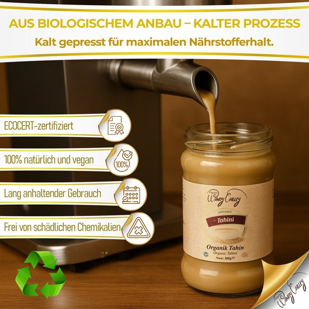 100% Natur Tahini Bio Sesampaste – ECOCERT Zertifiziert, 300g | Vegan & Gesund