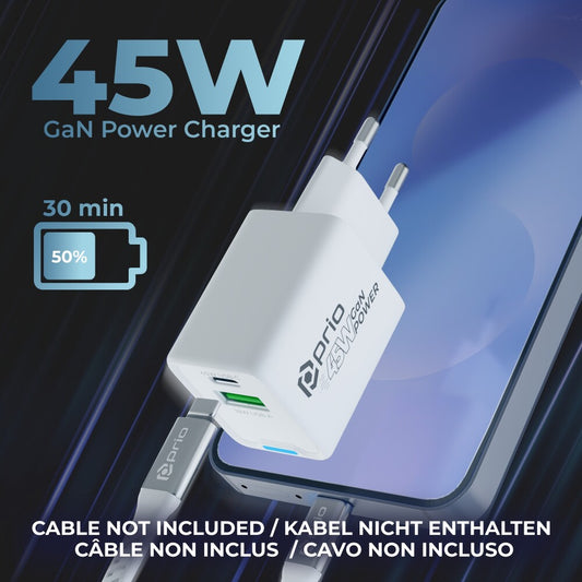 prio Wandladegerät GaN Power 45W PD PPS (USB C) + QC 3.0 (USB A) weiß