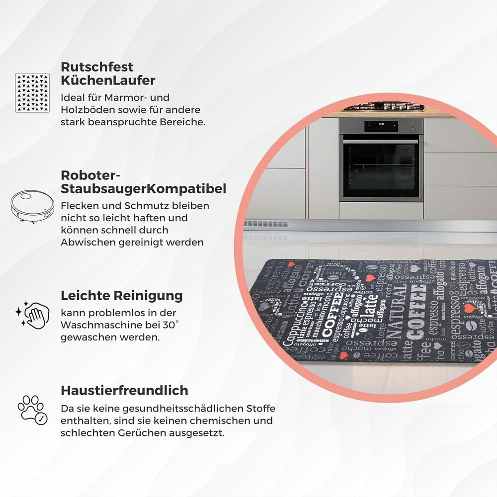 miqna Moderner Küchenteppich Gel Läufer Grau Weiß Schwarz Natural Coffee Design Hauptbild