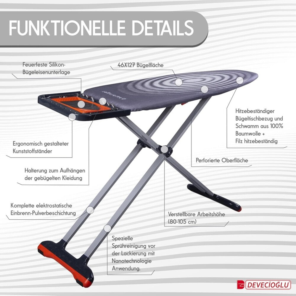 Ironing board, iron rest, ironing board cover 46x127cm, height 80-105cm, black