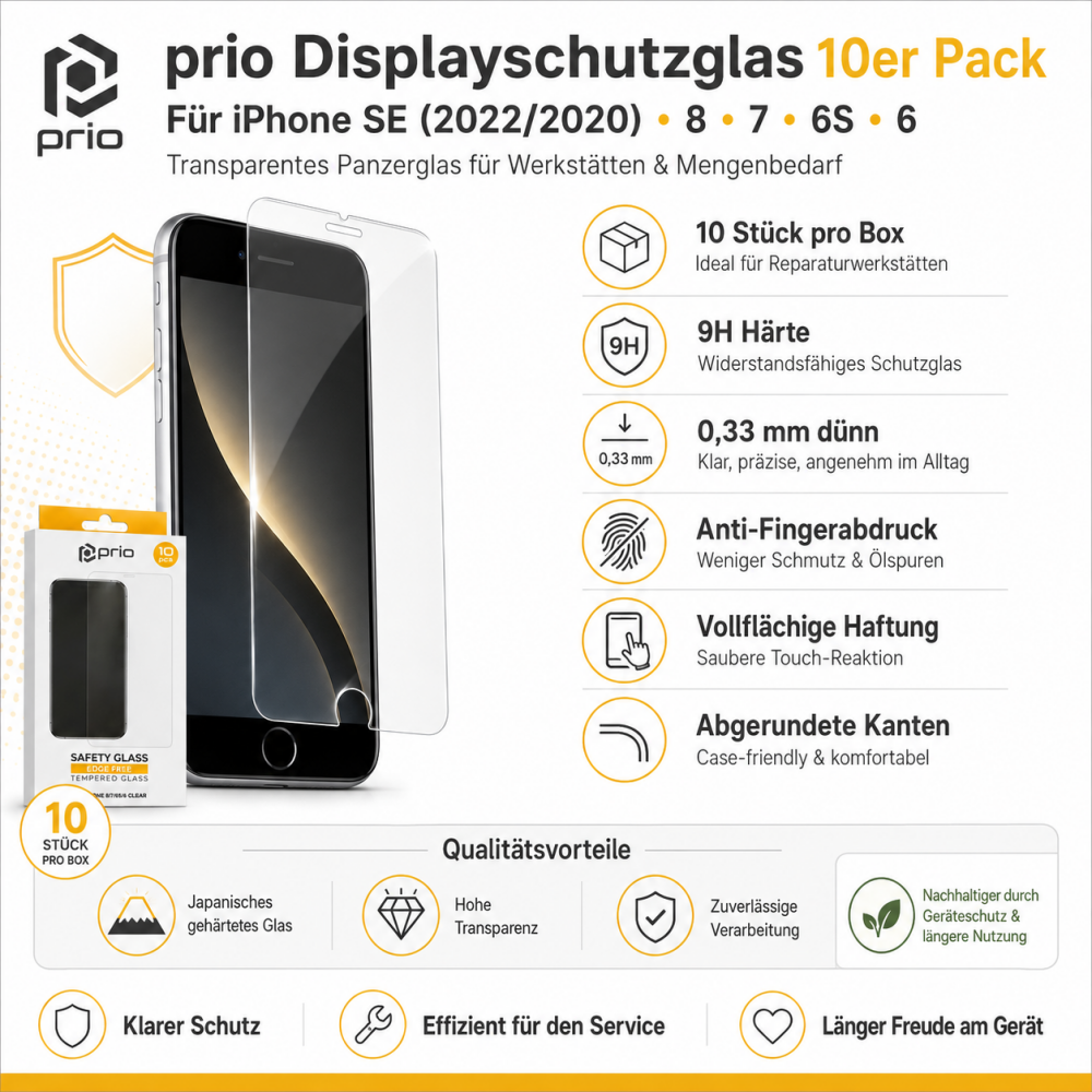 prio 10x Displayschutzglas für iPhone SE (2022/2020)/8/7/6S/6 transparent