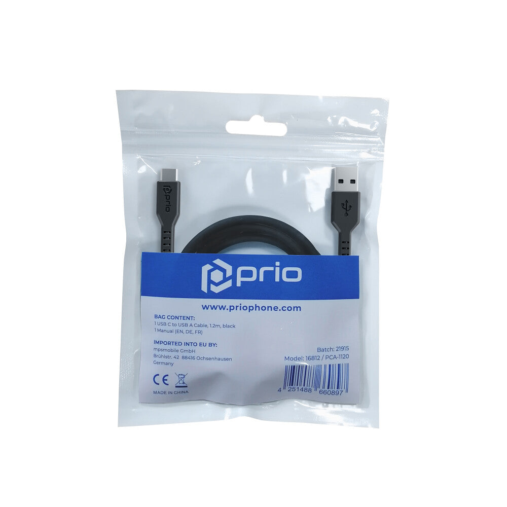 prio high-speed charging and sync USB C to USB A cable 3A 1.2m black