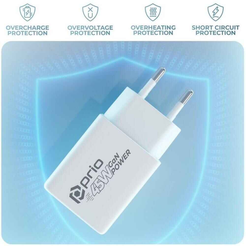 prio Wandladegerät GaN Power 45W PD PPS (USB C) + QC 3.0 (USB A) weiß