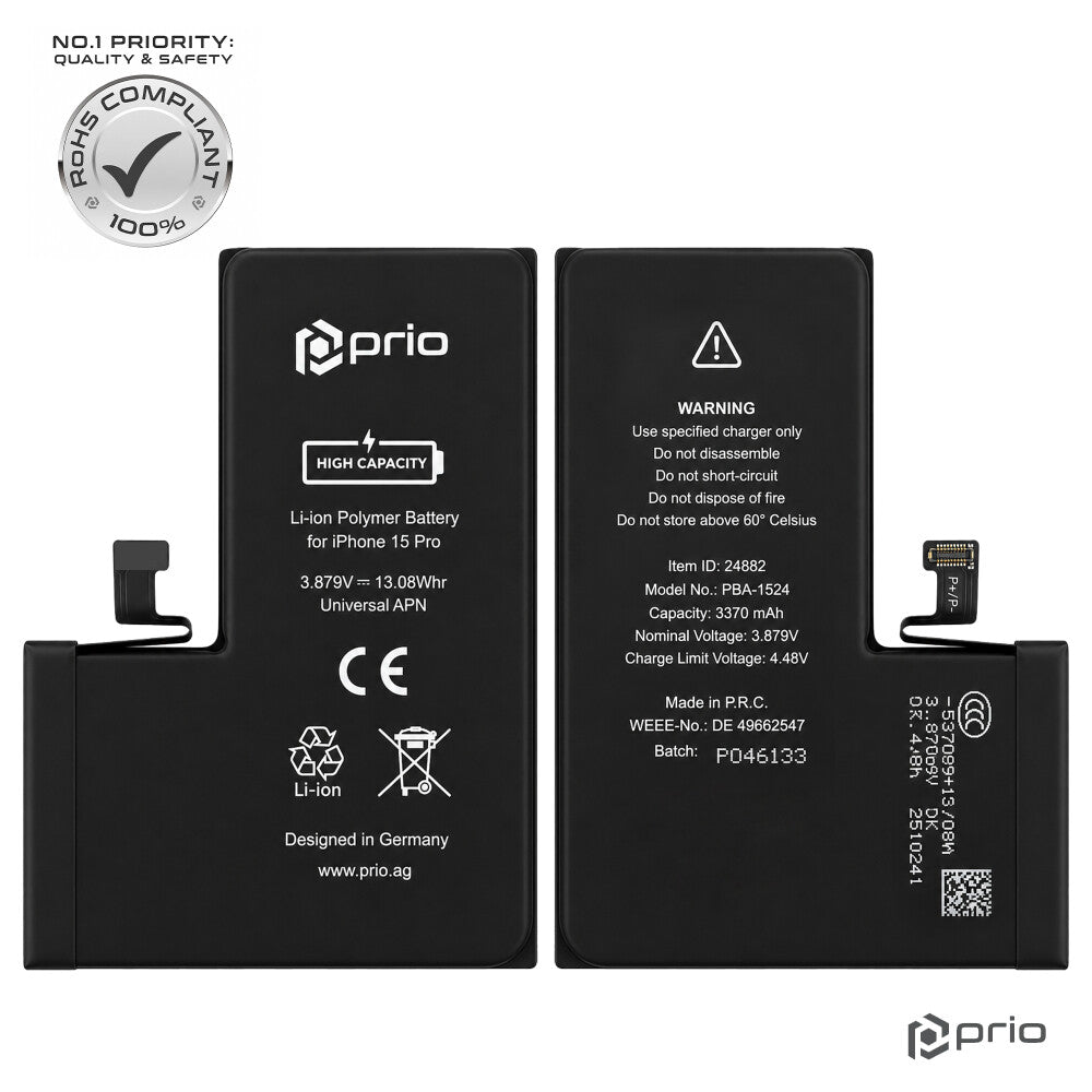 Prio Hochleistungsakku für iPhone 15 Pro (3370 mAh) - Universeller APN -