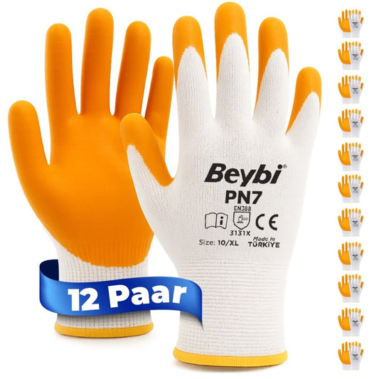 12 Paar Arbeitshandschuhe, Polyester, Gelb und Weiß