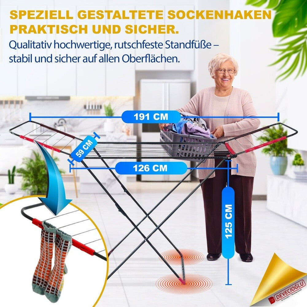 Devecioğlu Flügelwäschetrockner, Klappbar, 20m Trockenlänge, Standtrockner