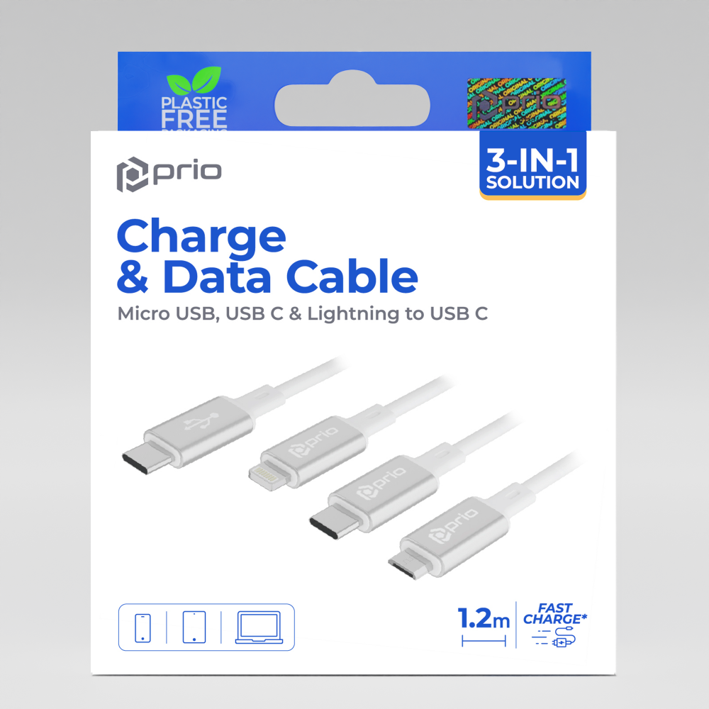 prio 3 in 1 Micro USB & USB C & Lightning auf USB C Kabel 3A 1,2m weiß