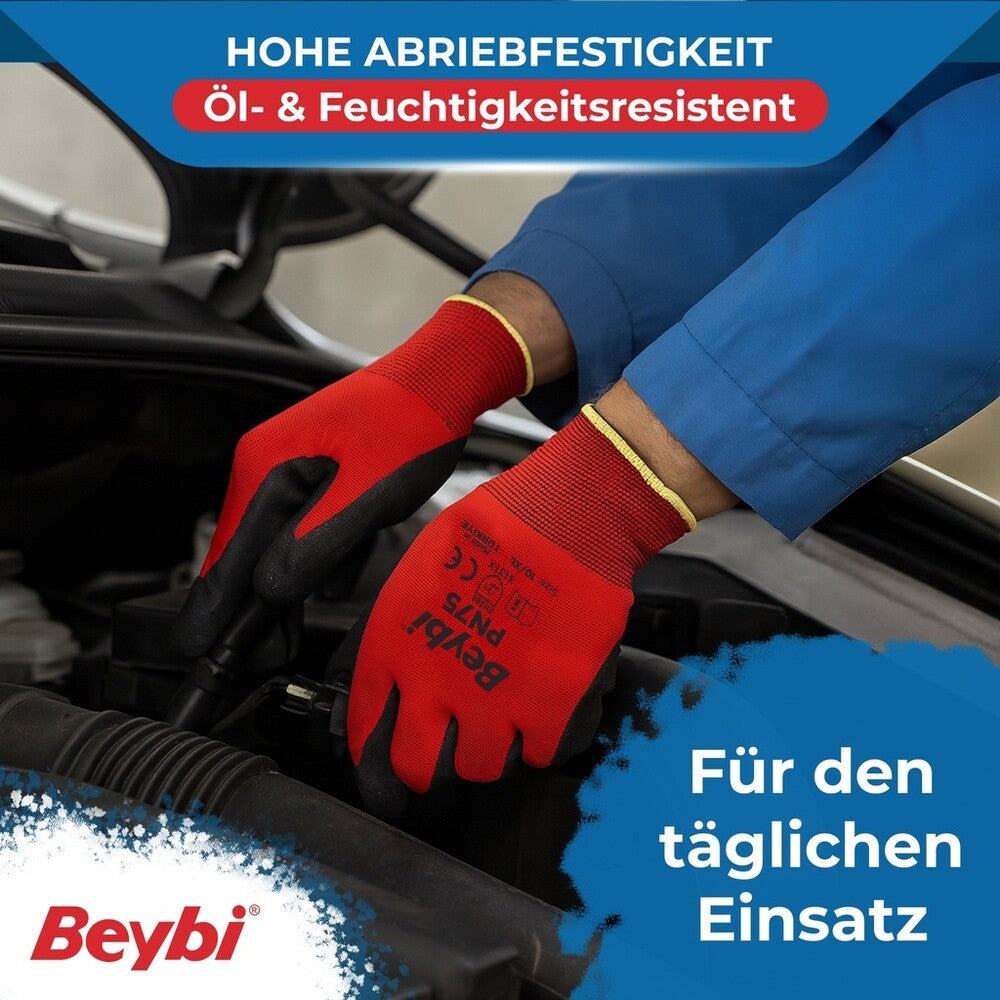 12 Paar Arbeitshandschuhe, Polyester, Rot und Schwarz