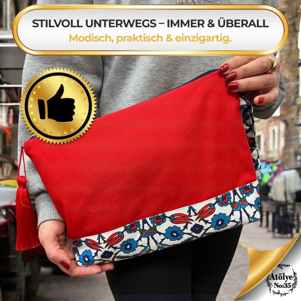 Kulturtasche Damen, Kosmetiktasche Rot, Ethnisches Muster, 32x24 cm