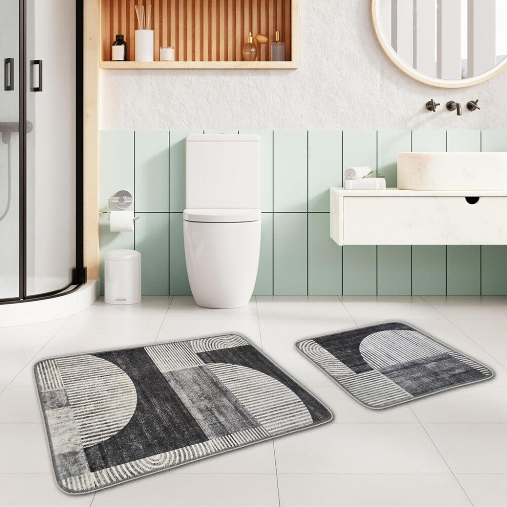 Miqna 2-tlg. rutschfestes Badteppich Set , waschbar (60x100 & 50x60 cm)