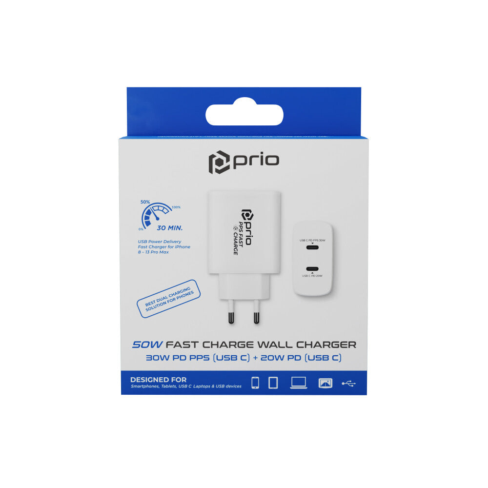 prio 50W Schnellladegerät 30W PD PPS (USB C) + 20W PD (USB C) weiß