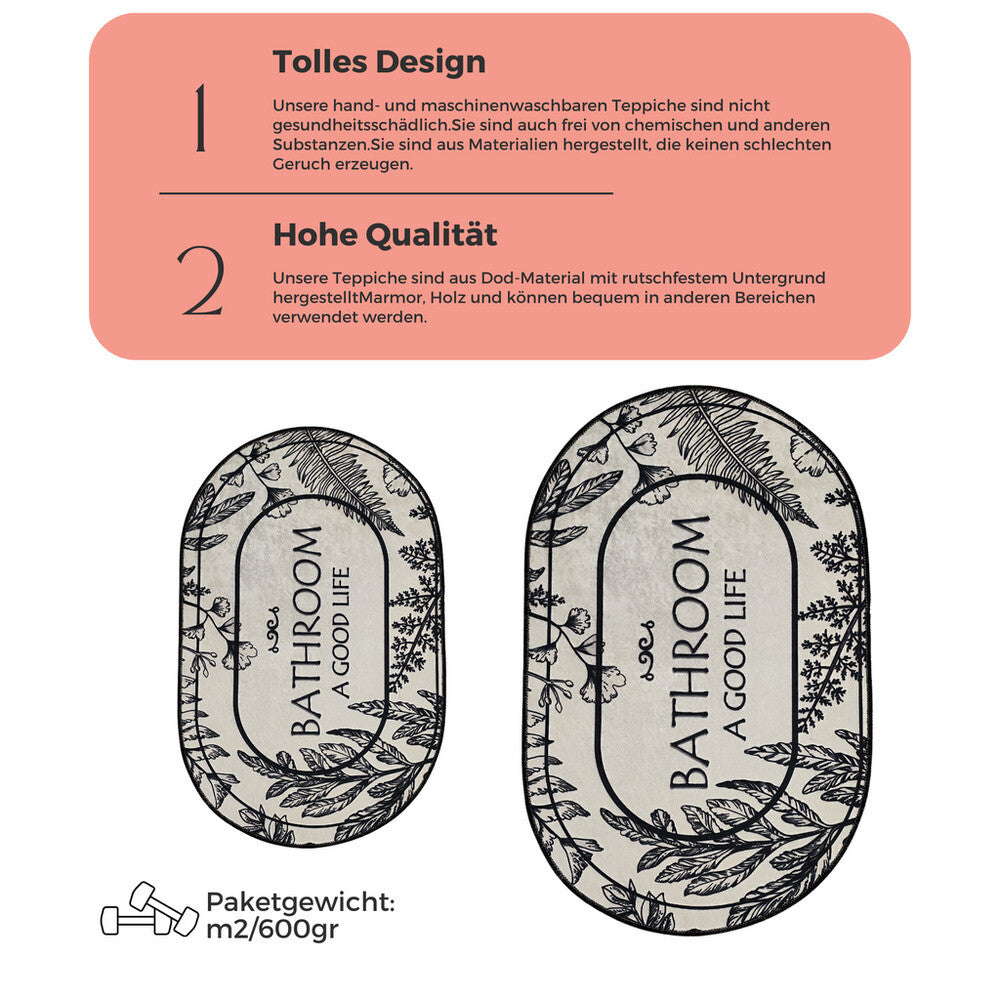 Miqna 2-tlg. rutschfestes Badteppich Set , waschbar (60x100 & 50x60 cm)