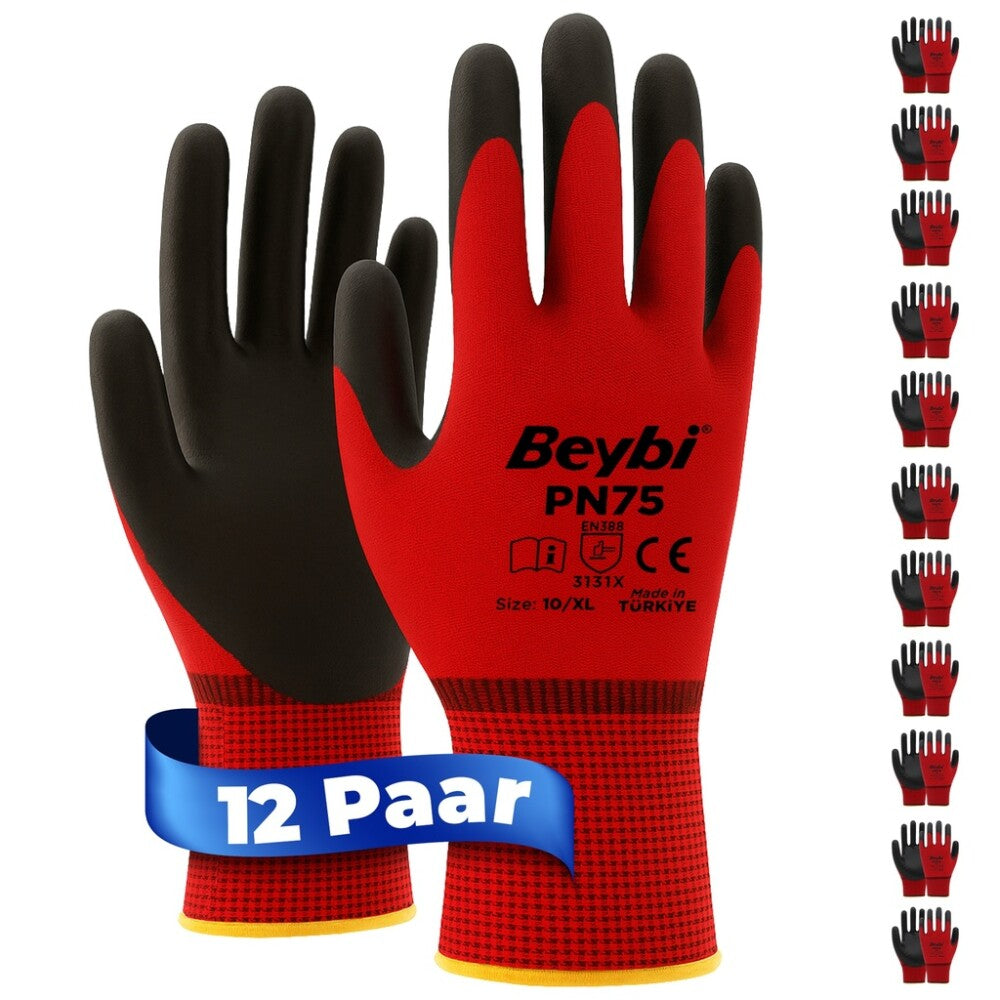 12 Paar Arbeitshandschuhe, Polyester, Rot und Schwarz
