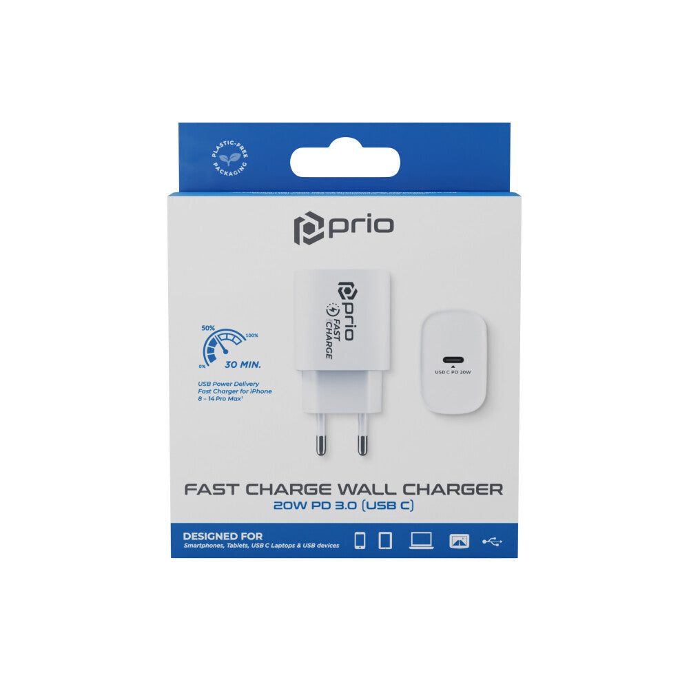 prio Fast Charge wall charger 20W PD (USB C) white