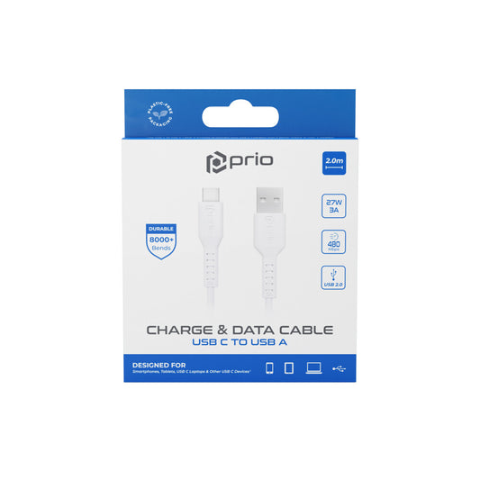 prio High-Speed ​​Charge &amp; Sync USB C to USB A cable 3A 2 m white