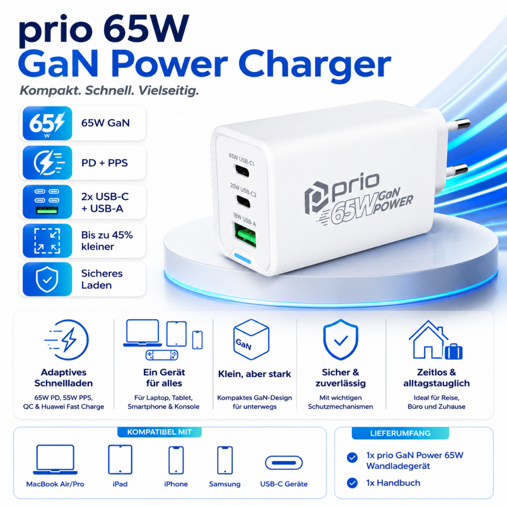 prio Wandladegerät GaN Power 65W PD PPS (USB C) + QC 3.0 (USB A) weiß