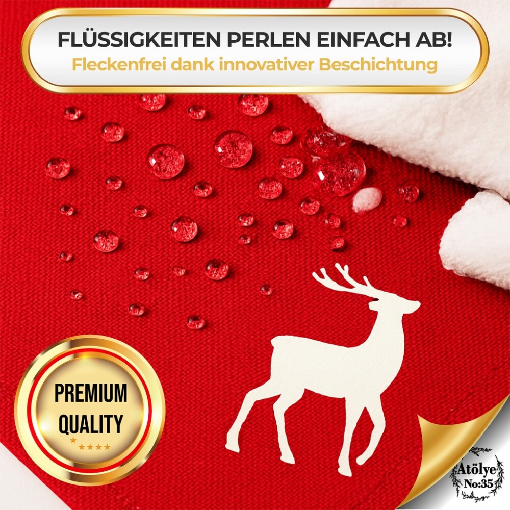 Tischsets Weihnachten, 4er Set Rot Gold Rentier-Stickerei, Abwaschbar 45x35 cm