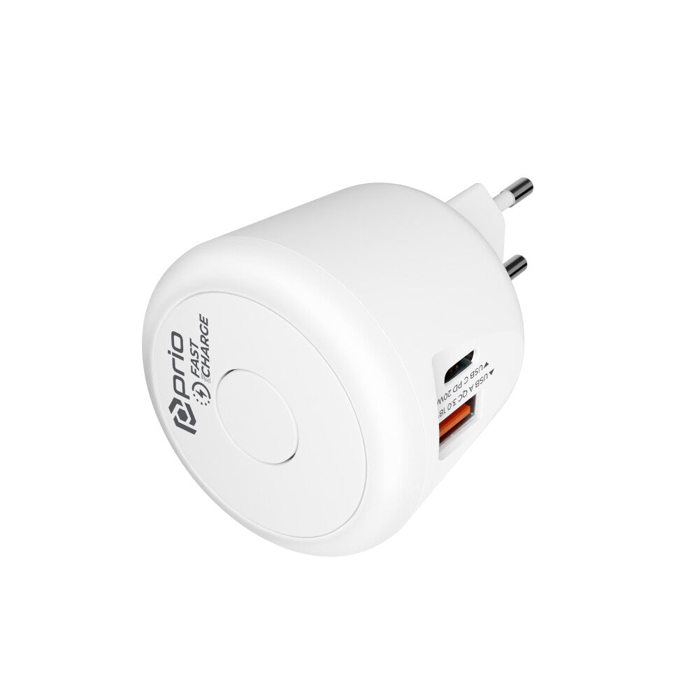 prio Fast Charge Wall Charger 20W PD (USB C) + QC 3.0 (USB A) Night Light white